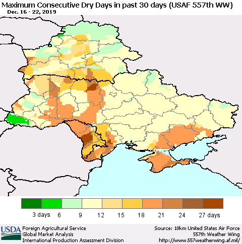 Ukraine, Moldova and Belarus Maximum Consecutive Dry Days in past 30 days (USAF 557th WW) 12/22/2019 Thematic Map For 12/16/2019 - 12/22/2019