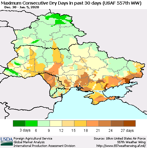 Ukraine, Moldova and Belarus Maximum Consecutive Dry Days in past 30 days (USAF 557th WW) 01/05/2020 Thematic Map For 12/30/2019 - 1/5/2020