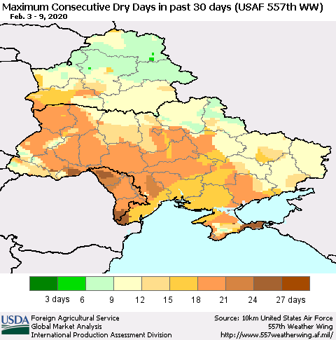 Ukraine, Moldova and Belarus Maximum Consecutive Dry Days in past 30 days (USAF 557th WW) 02/09/2020 Thematic Map For 2/3/2020 - 2/9/2020