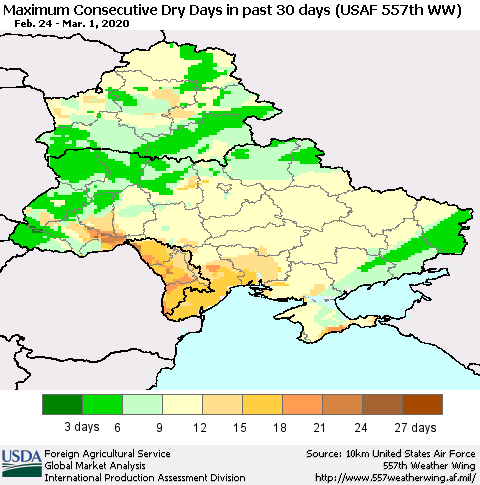 Ukraine, Moldova and Belarus Maximum Consecutive Dry Days in past 30 days (USAF 557th WW) 03/01/2020 Thematic Map For 2/24/2020 - 3/1/2020