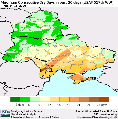 Ukraine, Moldova and Belarus Maximum Consecutive Dry Days in past 30 days (USAF 557th WW) 03/15/2020 Thematic Map For 3/9/2020 - 3/15/2020