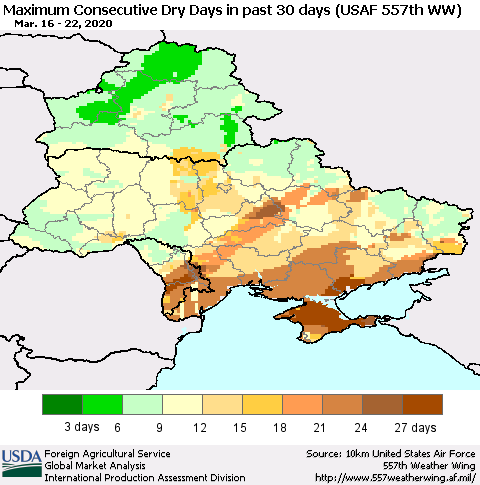 Ukraine, Moldova and Belarus Maximum Consecutive Dry Days in past 30 days (USAF 557th WW) 03/22/2020 Thematic Map For 3/16/2020 - 3/22/2020