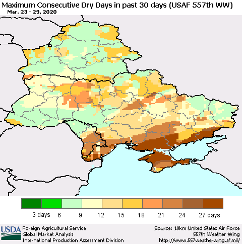 Ukraine, Moldova and Belarus Maximum Consecutive Dry Days in past 30 days (USAF 557th WW) 03/29/2020 Thematic Map For 3/23/2020 - 3/29/2020