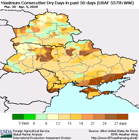 Ukraine, Moldova and Belarus Maximum Consecutive Dry Days in past 30 days (USAF 557th WW) 04/05/2020 Thematic Map For 3/30/2020 - 4/5/2020