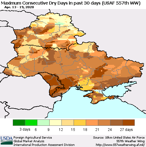 Ukraine, Moldova and Belarus Maximum Consecutive Dry Days in past 30 days (USAF 557th WW) 04/19/2020 Thematic Map For 4/13/2020 - 4/19/2020