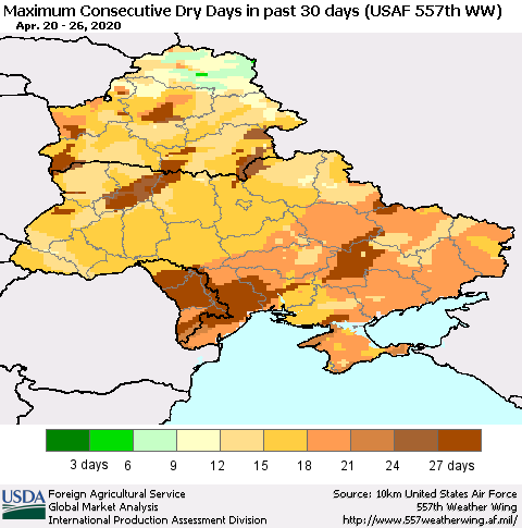 Ukraine, Moldova and Belarus Maximum Consecutive Dry Days in past 30 days (USAF 557th WW) 04/26/2020 Thematic Map For 4/20/2020 - 4/26/2020