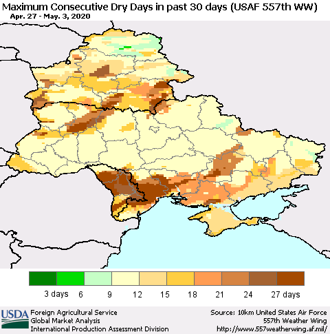 Ukraine, Moldova and Belarus Maximum Consecutive Dry Days in past 30 days (USAF 557th WW) 05/03/2020 Thematic Map For 4/27/2020 - 5/3/2020
