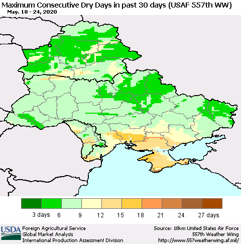 Ukraine, Moldova and Belarus Maximum Consecutive Dry Days in past 30 days (USAF 557th WW) 05/24/2020 Thematic Map For 5/18/2020 - 5/24/2020