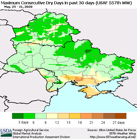 Ukraine, Moldova and Belarus Maximum Consecutive Dry Days in past 30 days (USAF 557th WW) 05/31/2020 Thematic Map For 5/25/2020 - 5/31/2020