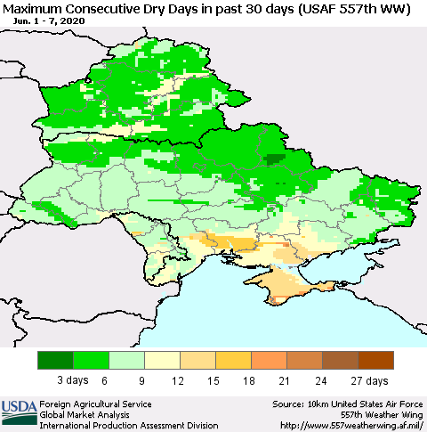 Ukraine, Moldova and Belarus Maximum Consecutive Dry Days in past 30 days (USAF 557th WW) 06/07/2020 Thematic Map For 6/1/2020 - 6/7/2020