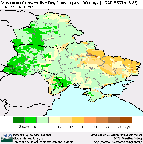 Ukraine, Moldova and Belarus Maximum Consecutive Dry Days in past 30 days (USAF 557th WW) 07/05/2020 Thematic Map For 6/29/2020 - 7/5/2020