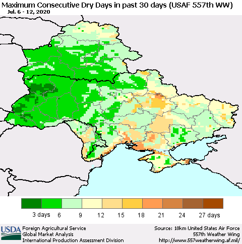 Ukraine, Moldova and Belarus Maximum Consecutive Dry Days in past 30 days (USAF 557th WW) 07/12/2020 Thematic Map For 7/6/2020 - 7/12/2020