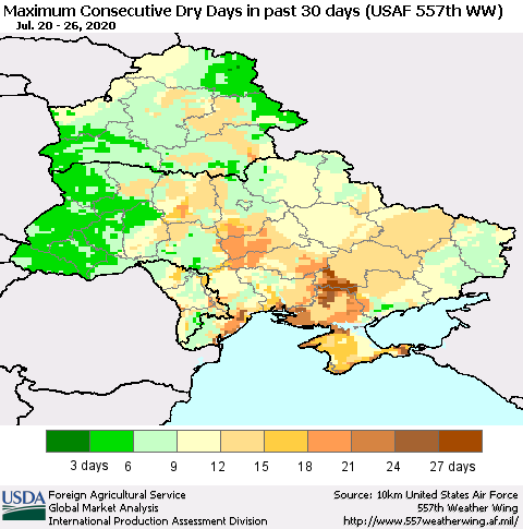 Ukraine, Moldova and Belarus Maximum Consecutive Dry Days in past 30 days (USAF 557th WW) 07/26/2020 Thematic Map For 7/20/2020 - 7/26/2020