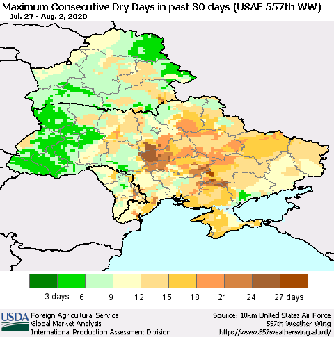 Ukraine, Moldova and Belarus Maximum Consecutive Dry Days in past 30 days (USAF 557th WW) 08/02/2020 Thematic Map For 7/27/2020 - 8/2/2020