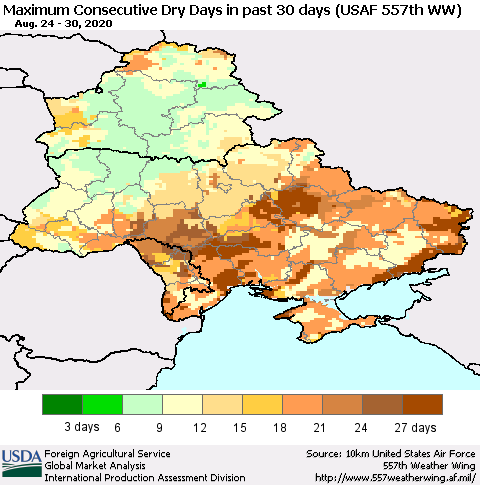 Ukraine, Moldova and Belarus Maximum Consecutive Dry Days in past 30 days (USAF 557th WW) 08/30/2020 Thematic Map For 8/24/2020 - 8/30/2020