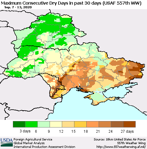 Ukraine, Moldova and Belarus Maximum Consecutive Dry Days in past 30 days (USAF 557th WW) 09/13/2020 Thematic Map For 9/7/2020 - 9/13/2020