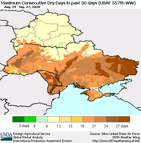 Ukraine, Moldova and Belarus Maximum Consecutive Dry Days in past 30 days (USAF 557th WW) 09/27/2020 Thematic Map For 9/21/2020 - 9/27/2020