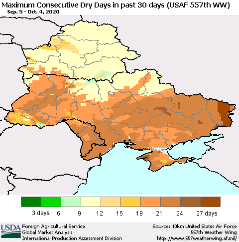 Ukraine, Moldova and Belarus Maximum Consecutive Dry Days in past 30 days (USAF 557th WW) 10/04/2020 Thematic Map For 9/28/2020 - 10/4/2020