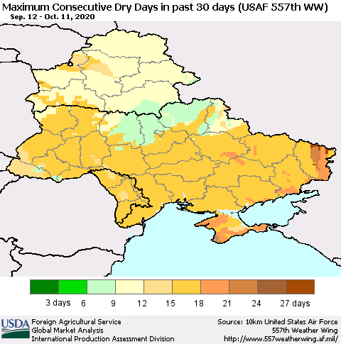 Ukraine, Moldova and Belarus Maximum Consecutive Dry Days in past 30 days (USAF 557th WW) 10/11/2020 Thematic Map For 10/5/2020 - 10/11/2020
