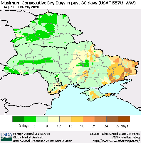 Ukraine, Moldova and Belarus Maximum Consecutive Dry Days in past 30 days (USAF 557th WW) 10/25/2020 Thematic Map For 10/19/2020 - 10/25/2020
