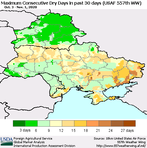 Ukraine, Moldova and Belarus Maximum Consecutive Dry Days in past 30 days (USAF 557th WW) 11/01/2020 Thematic Map For 10/26/2020 - 11/1/2020