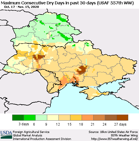 Ukraine, Moldova and Belarus Maximum Consecutive Dry Days in past 30 days (USAF 557th WW) 11/15/2020 Thematic Map For 11/9/2020 - 11/15/2020