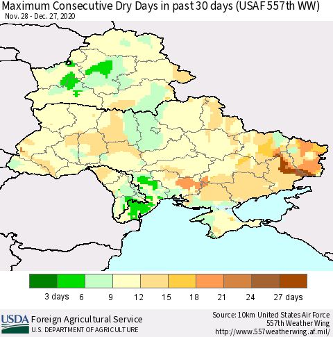 Ukraine, Moldova and Belarus Maximum Consecutive Dry Days in past 30 days (USAF 557th WW) 12/27/2020 Thematic Map For 12/21/2020 - 12/27/2020
