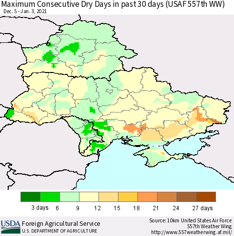 Ukraine, Moldova and Belarus Maximum Consecutive Dry Days in past 30 days (USAF 557th WW) 01/03/2021 Thematic Map For 12/28/2020 - 1/3/2021