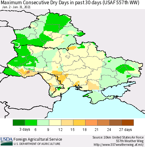 Ukraine, Moldova and Belarus Maximum Consecutive Dry Days in past 30 days (USAF 557th WW) 01/31/2021 Thematic Map For 1/25/2021 - 1/31/2021