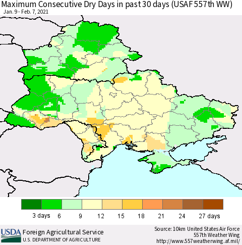 Ukraine, Moldova and Belarus Maximum Consecutive Dry Days in past 30 days (USAF 557th WW) 02/07/2021 Thematic Map For 2/1/2021 - 2/7/2021