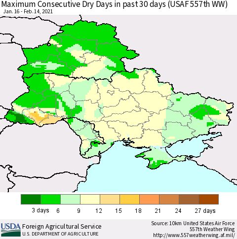 Ukraine, Moldova and Belarus Maximum Consecutive Dry Days in past 30 days (USAF 557th WW) 02/14/2021 Thematic Map For 2/8/2021 - 2/14/2021