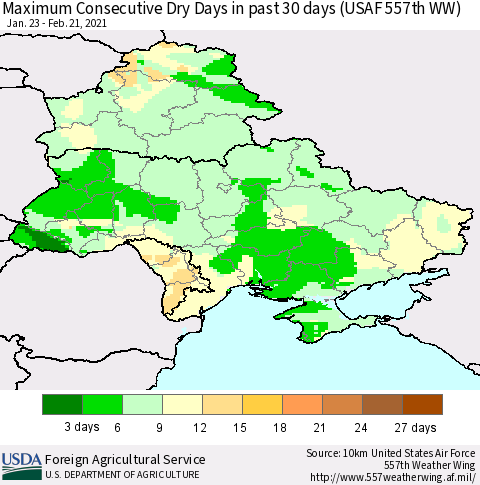Ukraine, Moldova and Belarus Maximum Consecutive Dry Days in past 30 days (USAF 557th WW) 02/21/2021 Thematic Map For 2/15/2021 - 2/21/2021