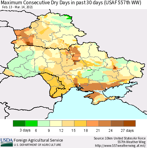 Ukraine, Moldova and Belarus Maximum Consecutive Dry Days in past 30 days (USAF 557th WW) 03/14/2021 Thematic Map For 3/8/2021 - 3/14/2021
