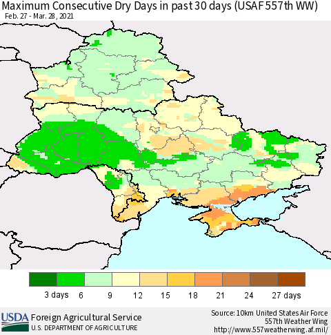 Ukraine, Moldova and Belarus Maximum Consecutive Dry Days in past 30 days (USAF 557th WW) 03/28/2021 Thematic Map For 3/22/2021 - 3/28/2021