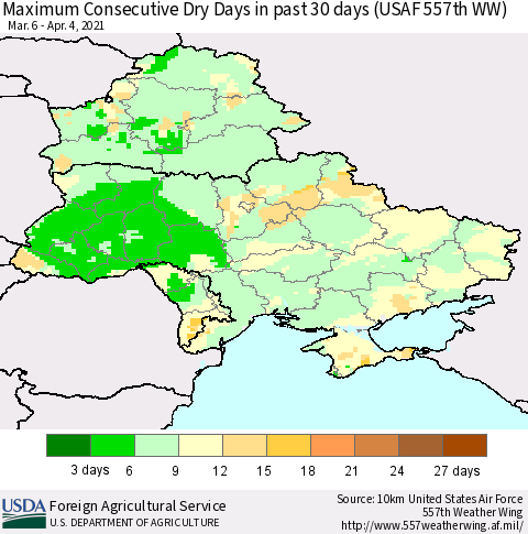 Ukraine, Moldova and Belarus Maximum Consecutive Dry Days in past 30 days (USAF 557th WW) 04/04/2021 Thematic Map For 3/29/2021 - 4/4/2021