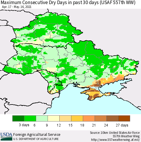 Ukraine, Moldova and Belarus Maximum Consecutive Dry Days in past 30 days (USAF 557th WW) 05/16/2021 Thematic Map For 5/10/2021 - 5/16/2021