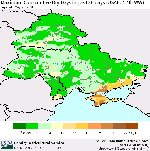 Ukraine, Moldova and Belarus Maximum Consecutive Dry Days in past 30 days (USAF 557th WW) 05/23/2021 Thematic Map For 5/17/2021 - 5/23/2021
