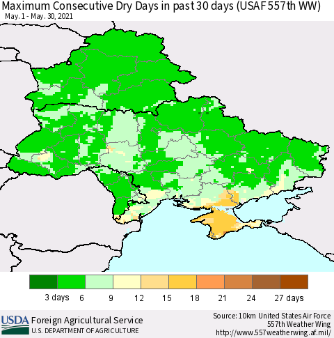 Ukraine, Moldova and Belarus Maximum Consecutive Dry Days in past 30 days (USAF 557th WW) 05/30/2021 Thematic Map For 5/24/2021 - 5/30/2021