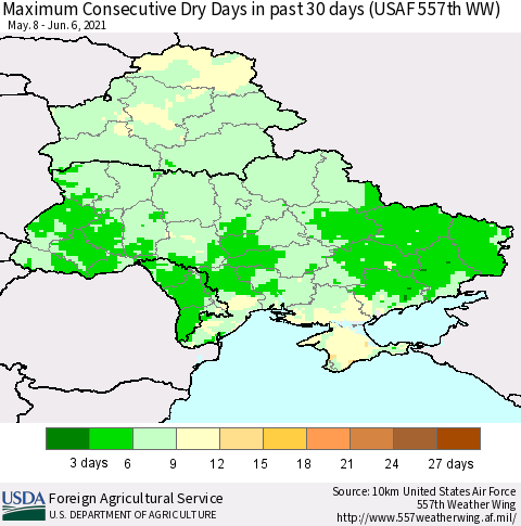 Ukraine, Moldova and Belarus Maximum Consecutive Dry Days in past 30 days (USAF 557th WW) 06/06/2021 Thematic Map For 5/31/2021 - 6/6/2021