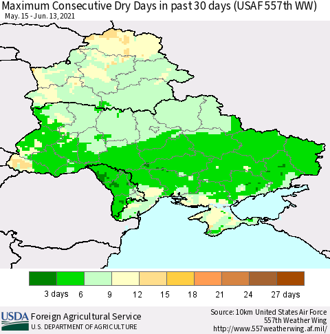 Ukraine, Moldova and Belarus Maximum Consecutive Dry Days in past 30 days (USAF 557th WW) 06/13/2021 Thematic Map For 6/7/2021 - 6/13/2021