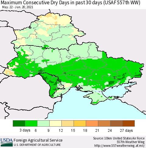 Ukraine, Moldova and Belarus Maximum Consecutive Dry Days in past 30 days (USAF 557th WW) 06/20/2021 Thematic Map For 6/14/2021 - 6/20/2021