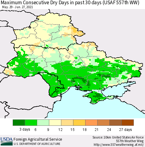 Ukraine, Moldova and Belarus Maximum Consecutive Dry Days in past 30 days (USAF 557th WW) 06/27/2021 Thematic Map For 6/21/2021 - 6/27/2021