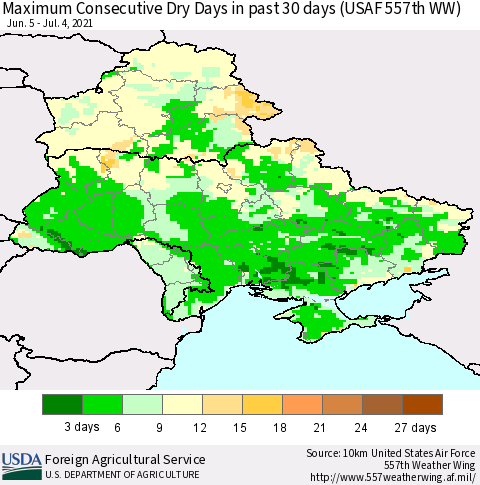 Ukraine, Moldova and Belarus Maximum Consecutive Dry Days in past 30 days (USAF 557th WW) 07/04/2021 Thematic Map For 6/28/2021 - 7/4/2021