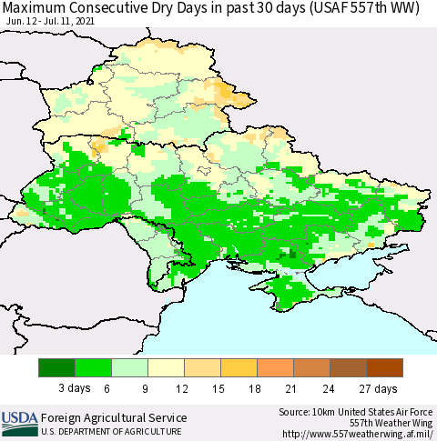 Ukraine, Moldova and Belarus Maximum Consecutive Dry Days in past 30 days (USAF 557th WW) 07/11/2021 Thematic Map For 7/5/2021 - 7/11/2021