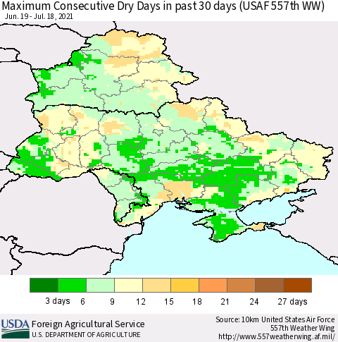 Ukraine, Moldova and Belarus Maximum Consecutive Dry Days in past 30 days (USAF 557th WW) 07/18/2021 Thematic Map For 7/12/2021 - 7/18/2021