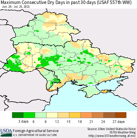 Ukraine, Moldova and Belarus Maximum Consecutive Dry Days in past 30 days (USAF 557th WW) 07/25/2021 Thematic Map For 7/19/2021 - 7/25/2021