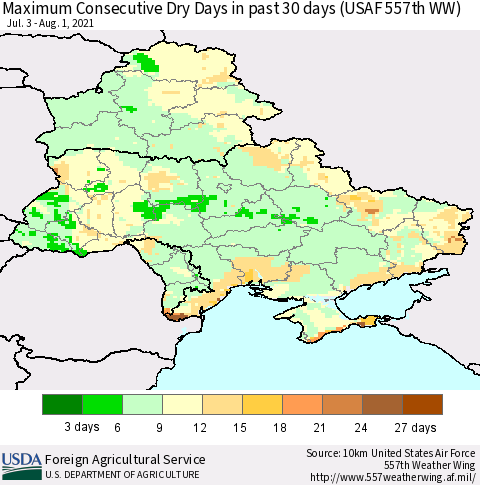 Ukraine, Moldova and Belarus Maximum Consecutive Dry Days in past 30 days (USAF 557th WW) 08/01/2021 Thematic Map For 7/26/2021 - 8/1/2021