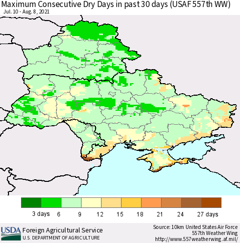 Ukraine, Moldova and Belarus Maximum Consecutive Dry Days in past 30 days (USAF 557th WW) 08/08/2021 Thematic Map For 8/2/2021 - 8/8/2021
