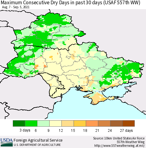 Ukraine, Moldova and Belarus Maximum Consecutive Dry Days in past 30 days (USAF 557th WW) 09/05/2021 Thematic Map For 8/30/2021 - 9/5/2021