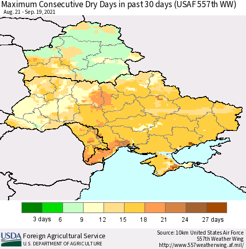 Ukraine, Moldova and Belarus Maximum Consecutive Dry Days in past 30 days (USAF 557th WW) 09/19/2021 Thematic Map For 9/13/2021 - 9/19/2021